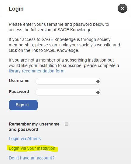 Sage Knowledge - eBook - select 'Login via institution'
